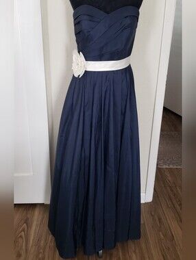 Andrew Adela Navy Strapless Evening Gown with White Sash and Flower